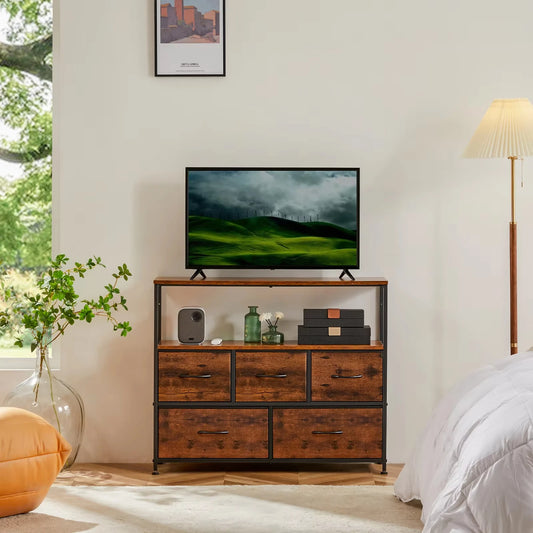 JHK Fireplace TV Stand Dresser With 5 Fabric Drawers Storage
