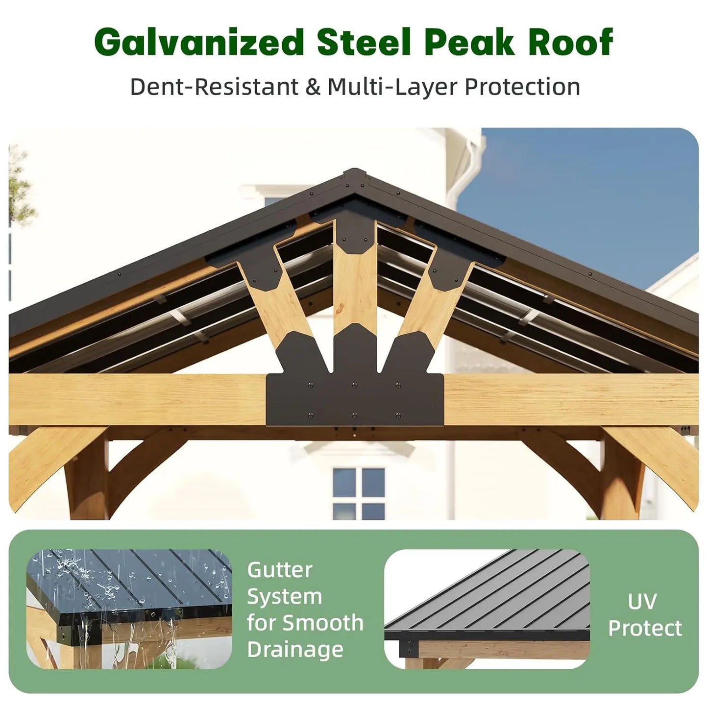 10x12ft Cedar Wood Hardtop Gazebo, Galvanized Steel Peak Roof, Snow & Wind Support for Outdoor Pavilion, Custom