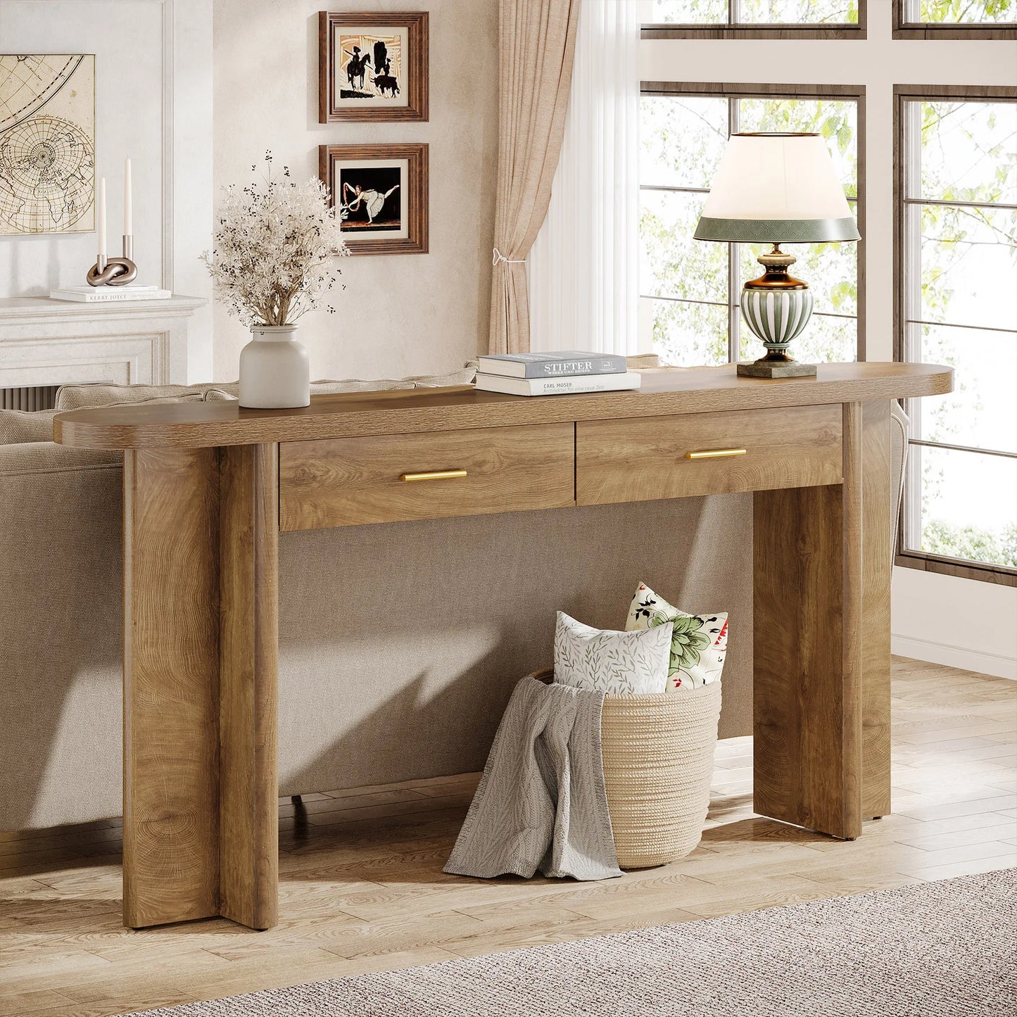 Tribesigns 63 Inch Oval Farmhouse Console Table With Storage