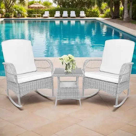 Leveleve 3 Piece Rocking Bistro Set Wicker Chairs Table