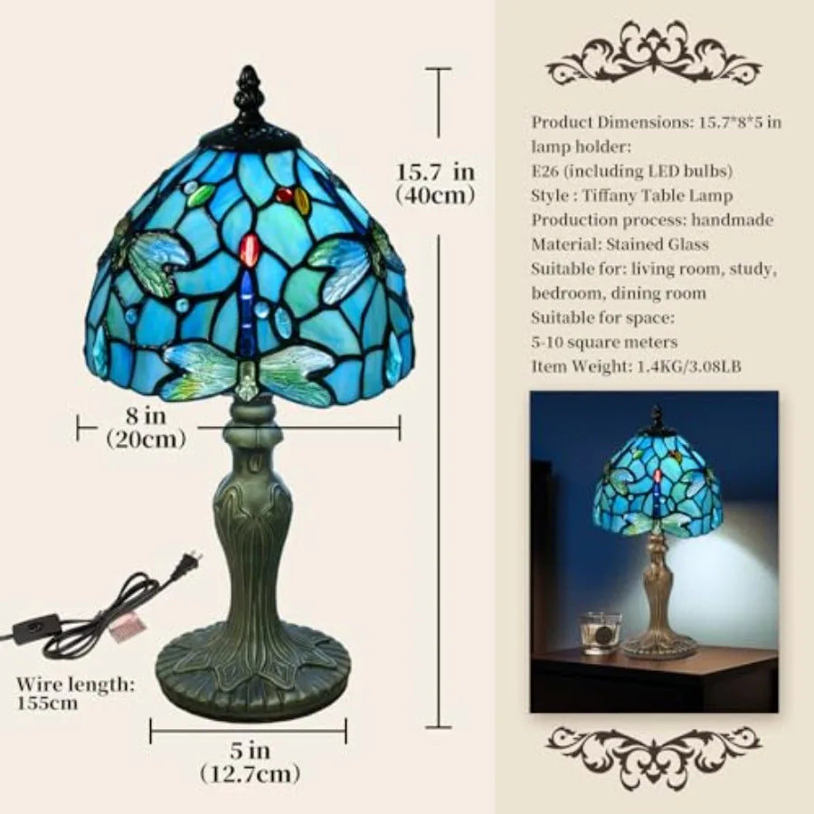 Tiffany Style Dragonfly Stained Glass Table Lamp for Bedroom and Living Room