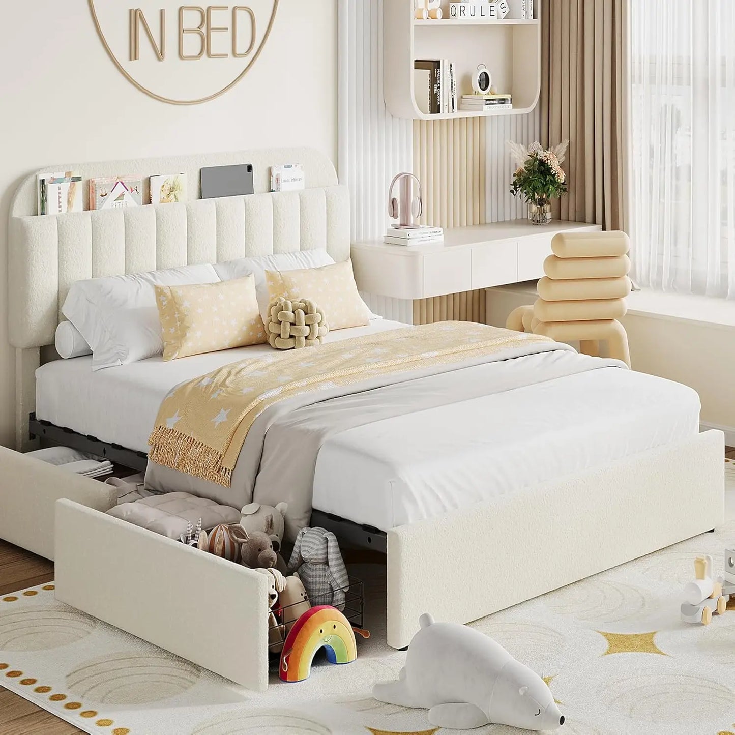 Twin Size Bed Frame with 2 Flexible Drawers, Boucle Upholstered Platform Bed Frame with Bookcase Headboard, Bedframe for Kids/Gi