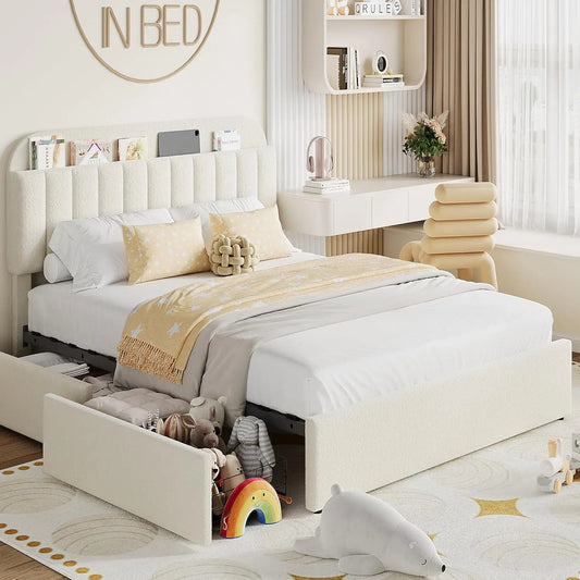 Twin Size Bed Frame with 2 Flexible Drawers, Boucle Upholstered Platform Bed Frame with Bookcase Headboard, Bedframe for Kids/Gi