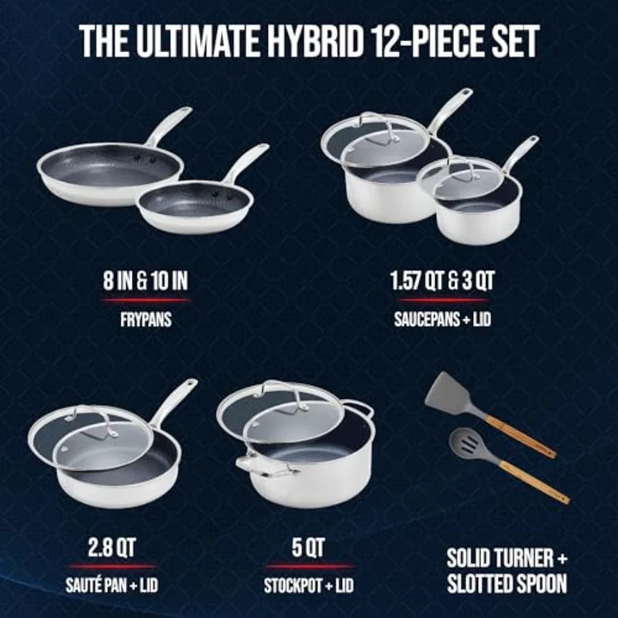 Hybrid Nonstick Stainless Steel 12 Piece Cookware Set Tri Ply PFAS Free