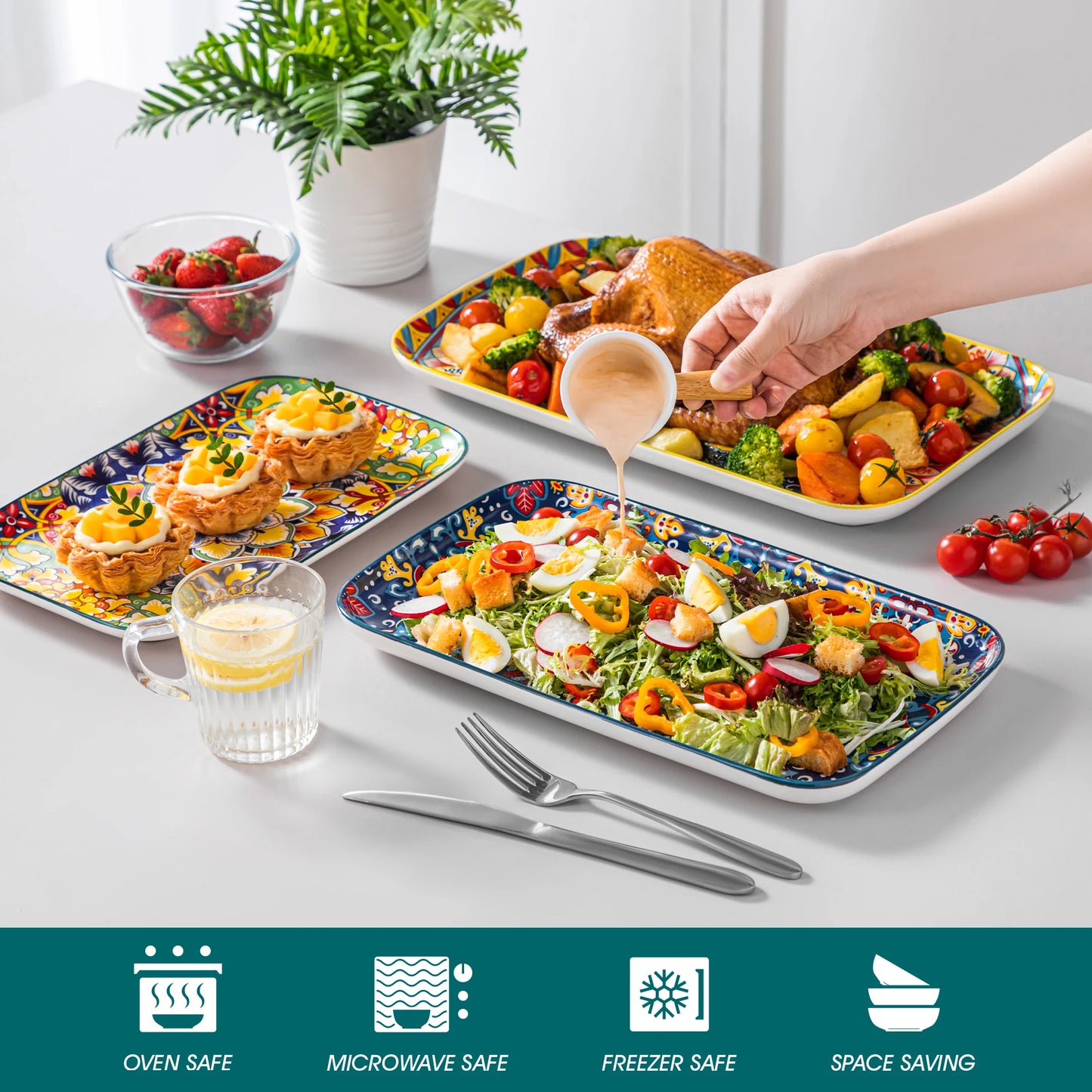 Malacasa Ceramic Salad Plates Set Rectangular Long Plate Collection
