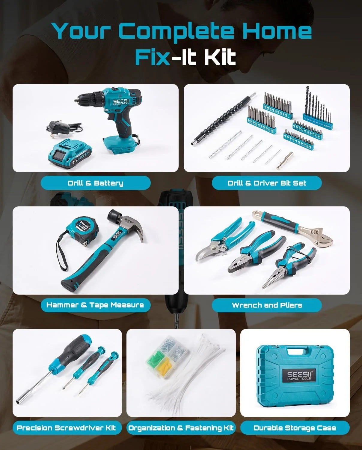Seesii 190 Pc Cordless Drill Tool Kit With Toolbox