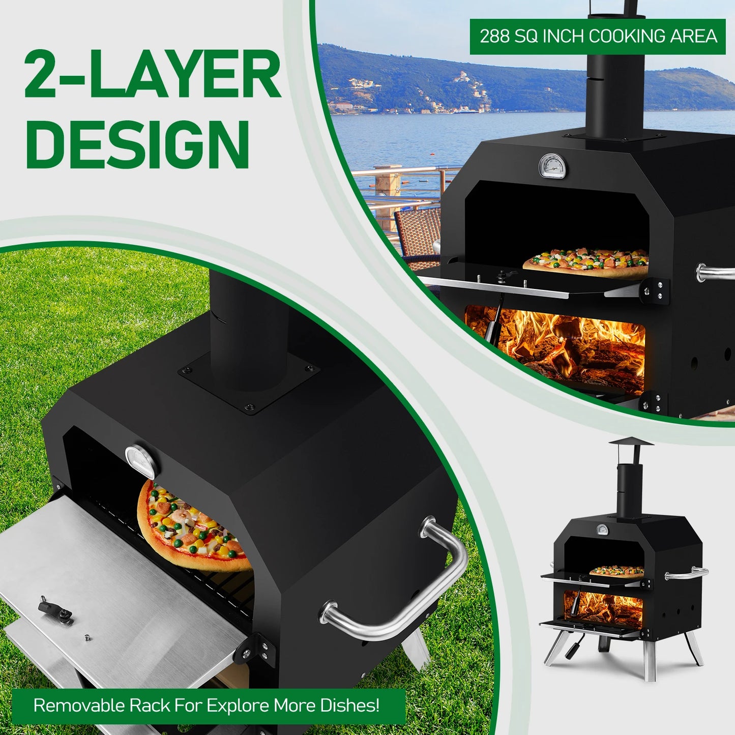 Outdoor Wood Fired Pizza Oven With 2 Layer Stone Rack