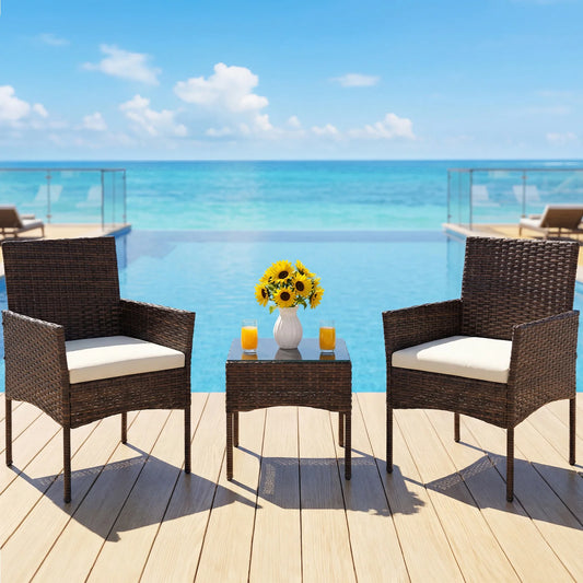 JHK 3 Piece Outdoor Wicker Patio Furniture Set With Glass Table