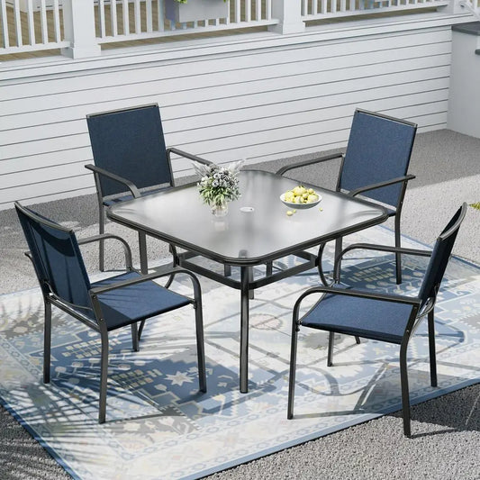 Outdoor Patio Dining Set Glass Table With Stackable Chairs AllWeather
