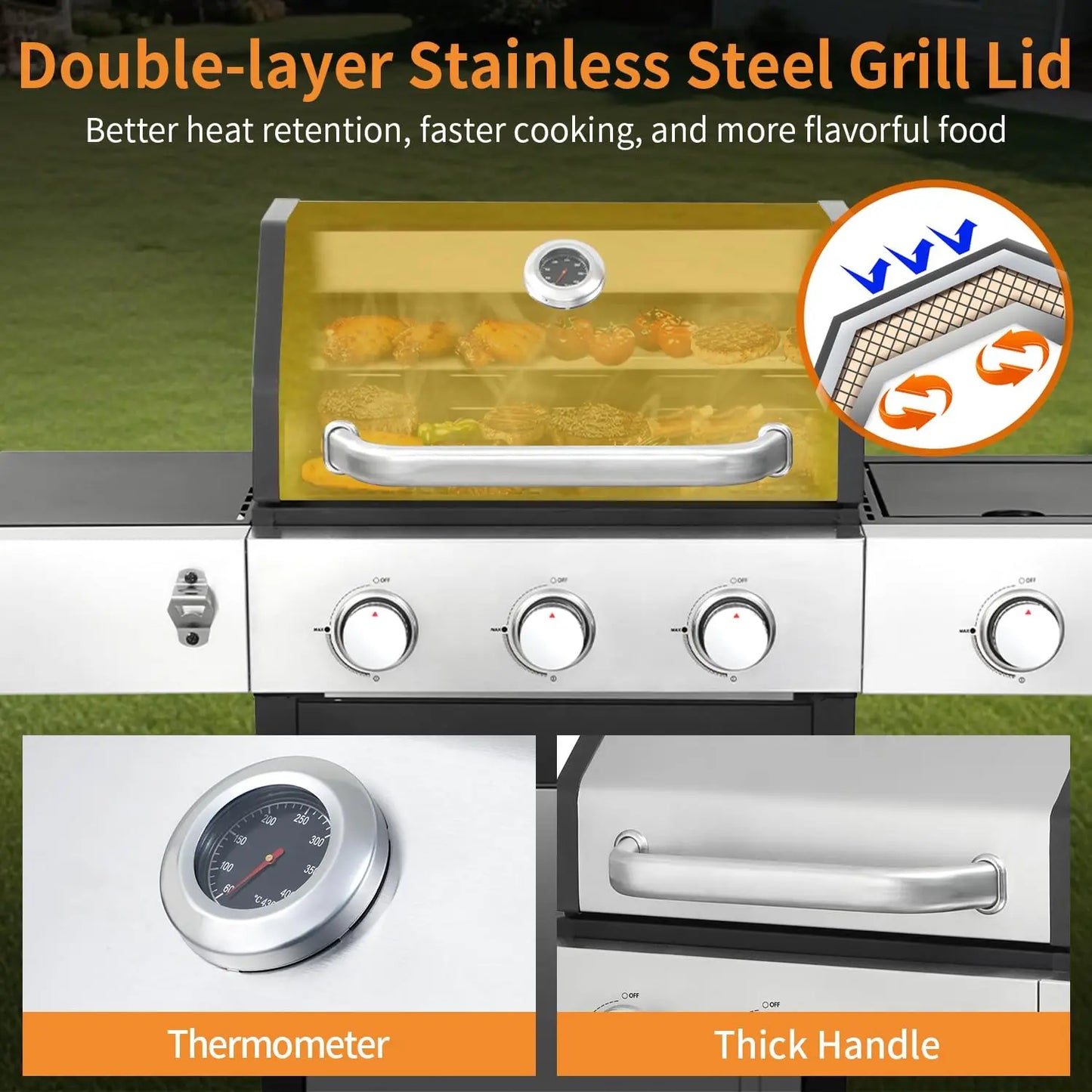 Three Burner Propane Gas Grill With Side Burner And Porcelain Cast Iron Grates