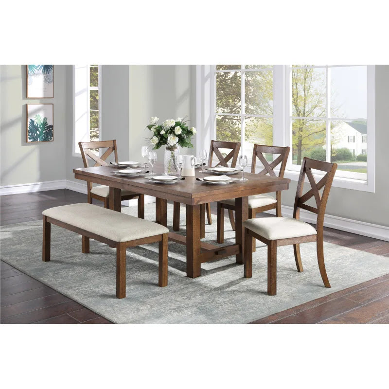 Six Piece Wood Dining Table Set With Chairs And Cushions