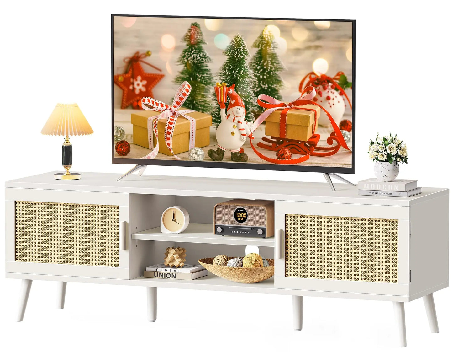 Boho TV Stand Rattan Console With Adjustable Shelves 2 Cabinets