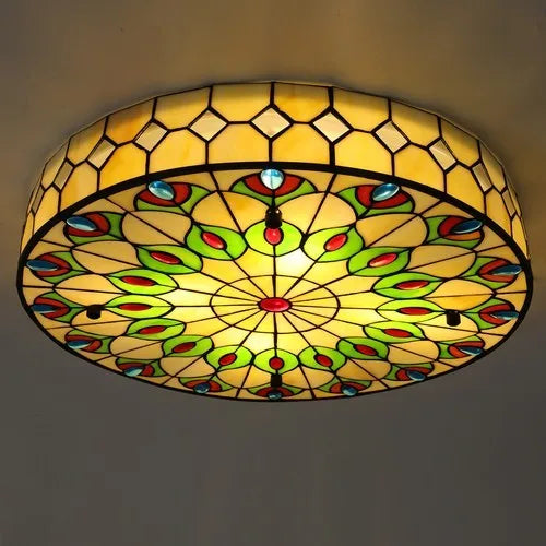 Retro Tiffany Style Flush Mount Ceiling Lamp Stained Glass Fixture