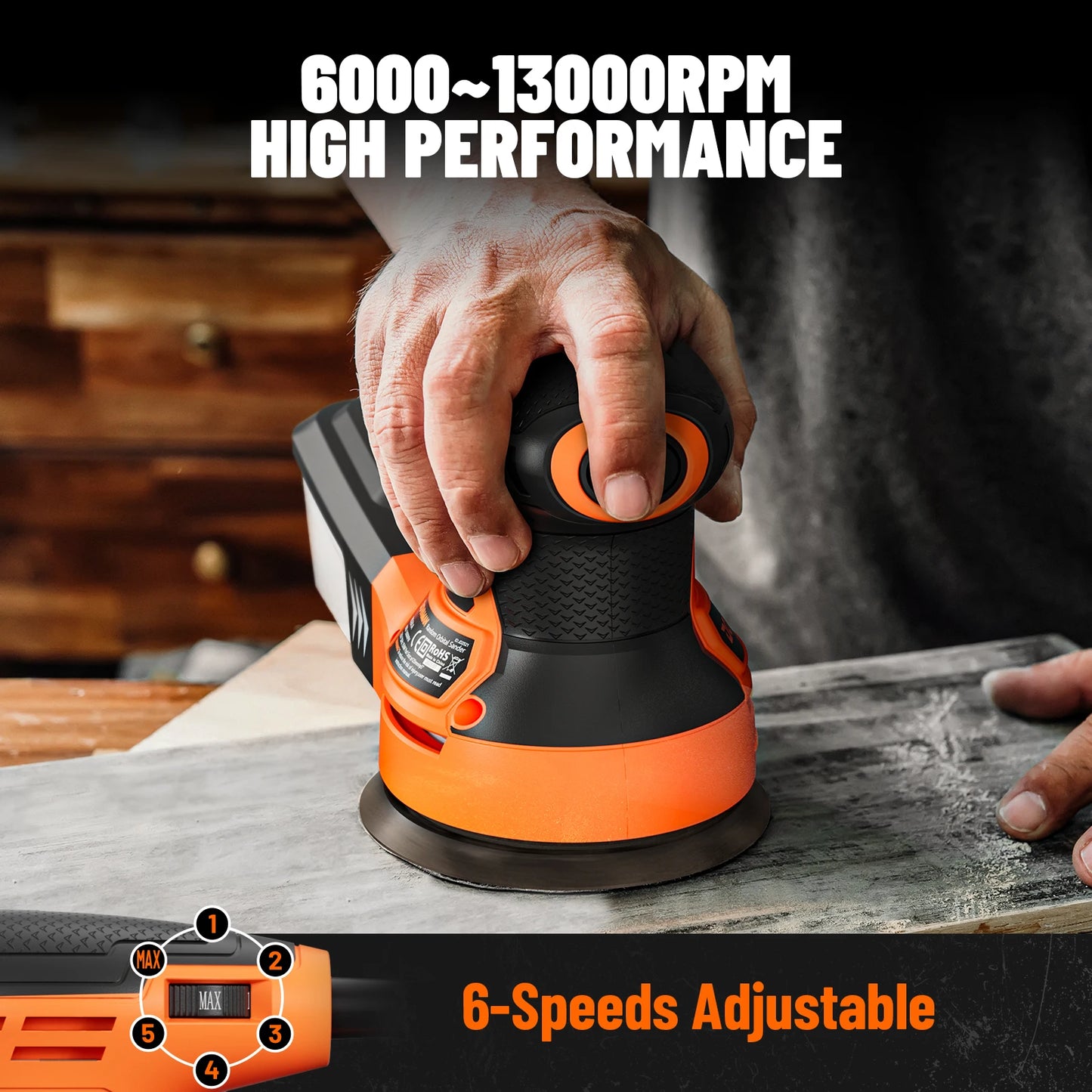 DOVAMAN 3A Orbital Sander, 6-Speed Random Orbit Sander up to 13000RPM, 12 Sandpapers, Dust Collection, Woodworking Tool
