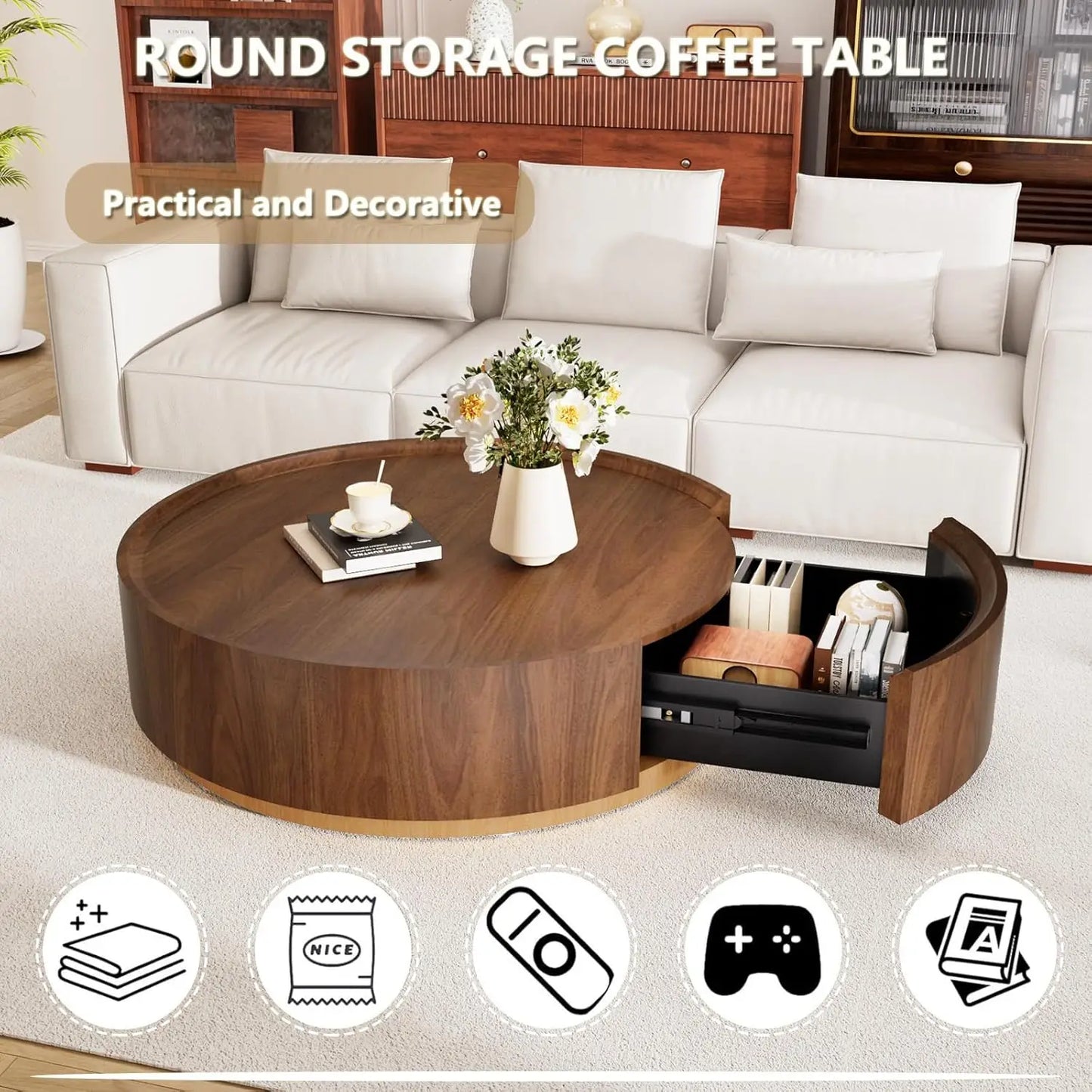Guohe Vintage Round Coffee Table With Storage Drawer