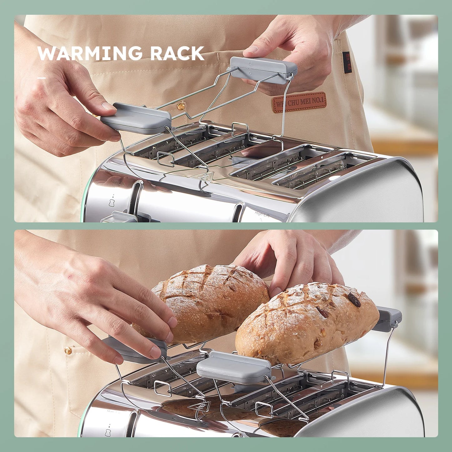 Stainless Steel Toaster With Wide Slots And Removable Crumb Tray