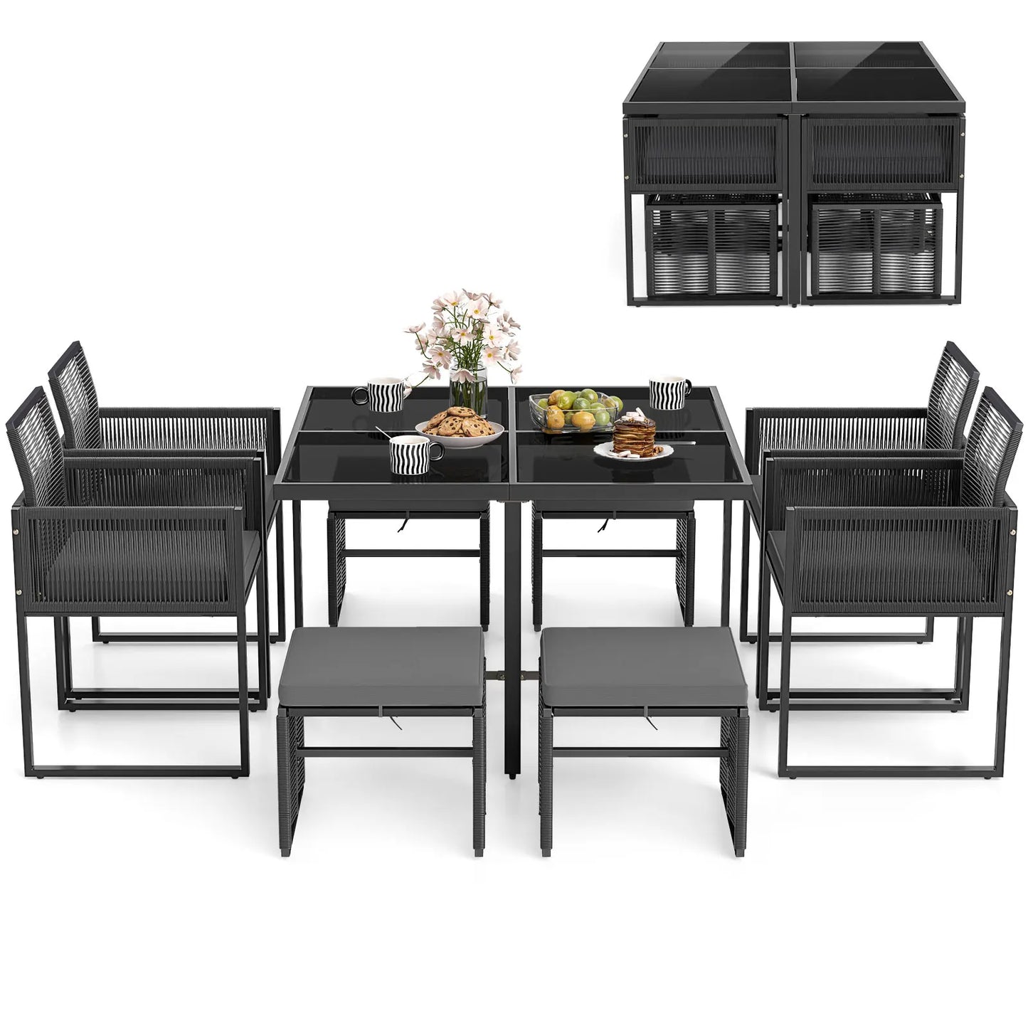 LIFEZEAL 9 Piece Patio Dining Set With Rattan Chairs And Glass Table