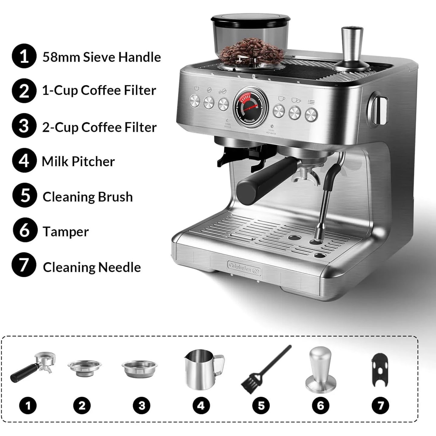 Acekool Espresso Machine With Grinder 20 Bar Semi Automatic