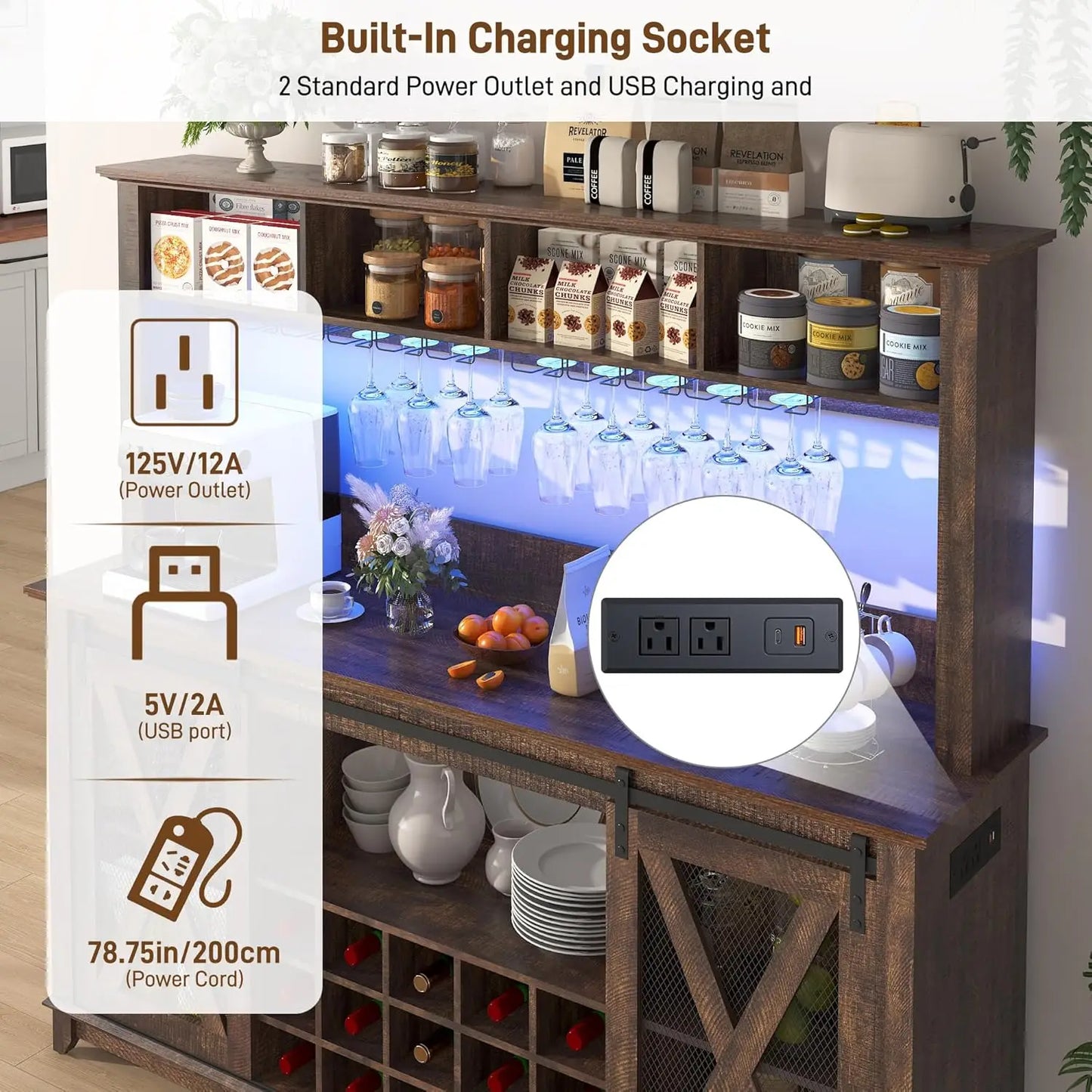 Farmhouse Coffee Bar Cabinet With Led Lights And Power Outlet