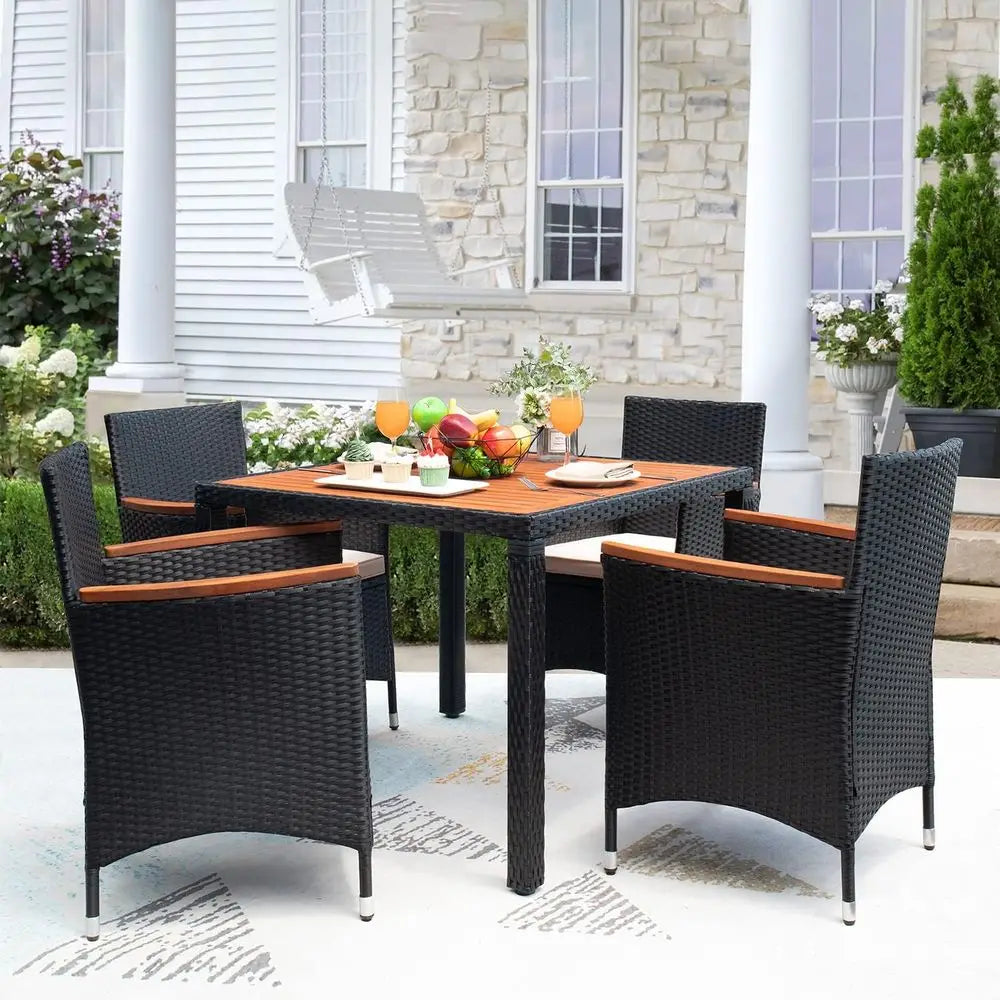 Black 5 Piece Rattan Metal Patio Furniture Set