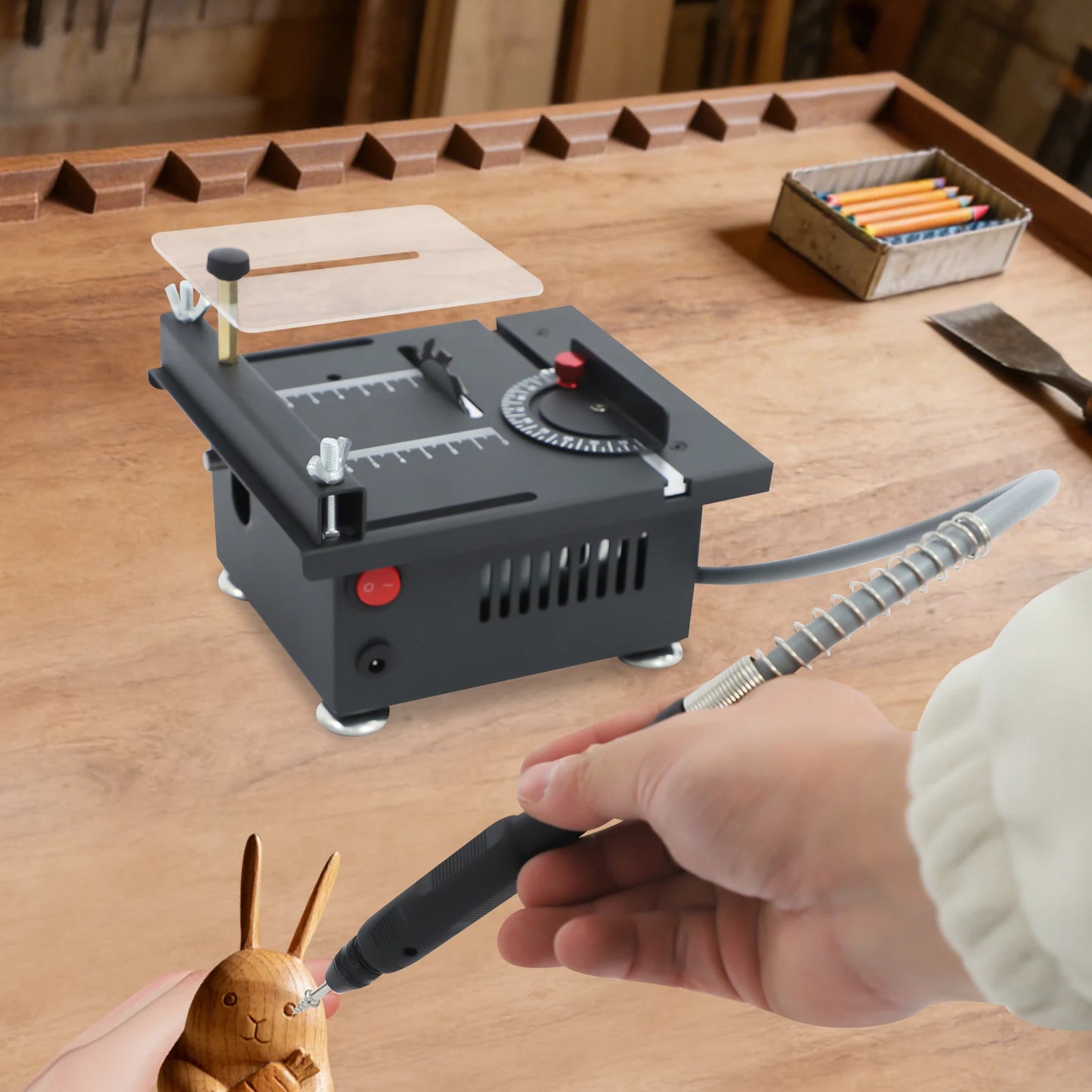 Electric Table Saw, Mini Multi-Functional Table Saw with 4 Blades & Adjustable Angle 0-90°, 6000rpm for DIY Model Wood Acrylic