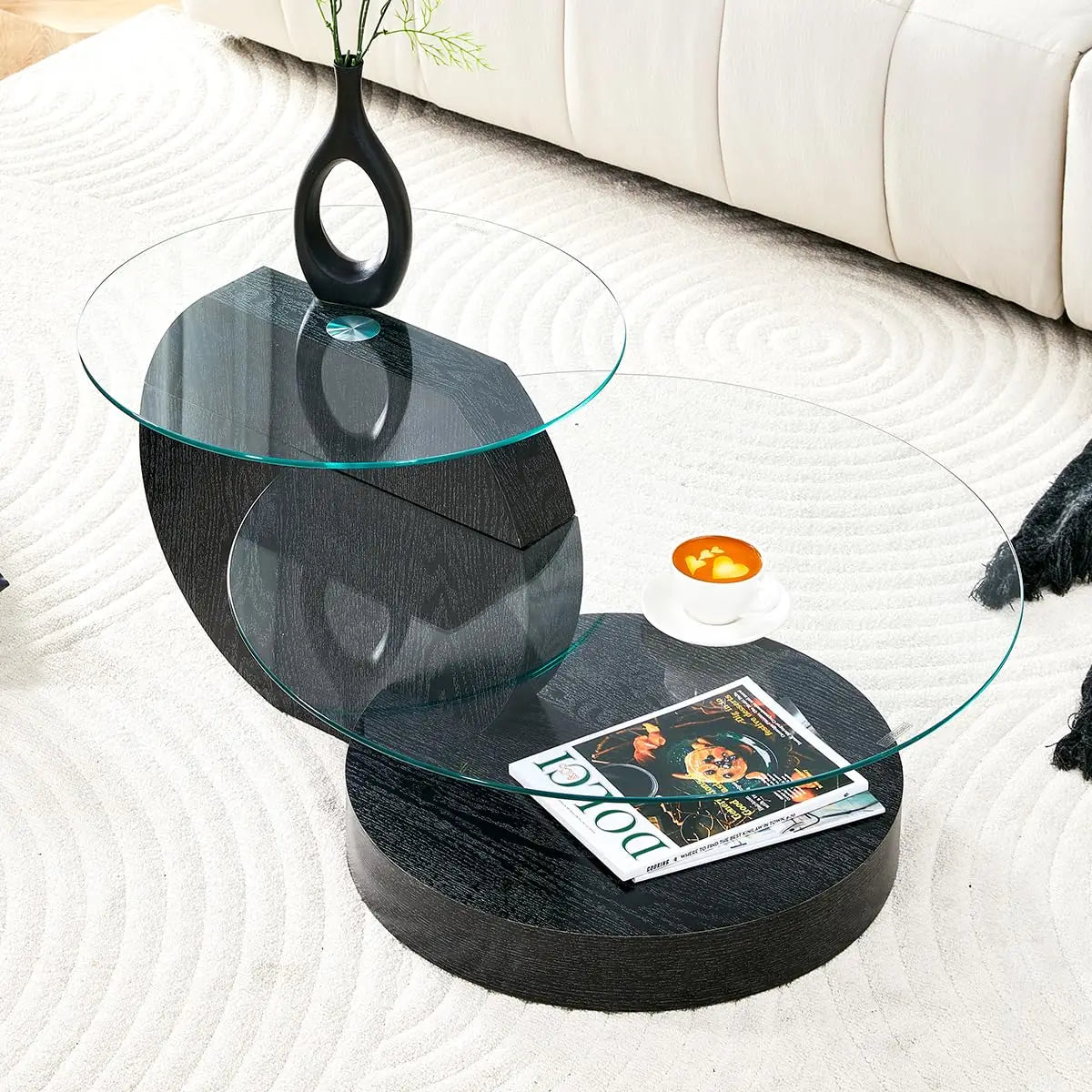Glass Round Coffee Table Three Tier Tempered Glass Top Wood Base