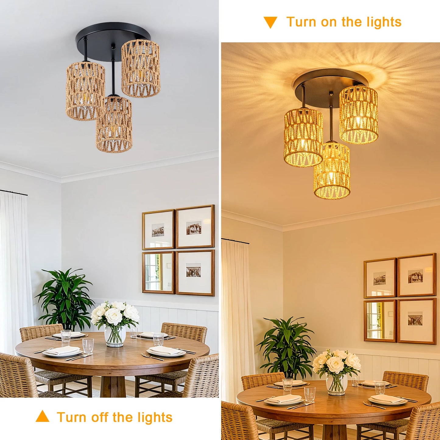 Boho Farmhouse Rattan Pendant Lights Three Light Ceiling Mount