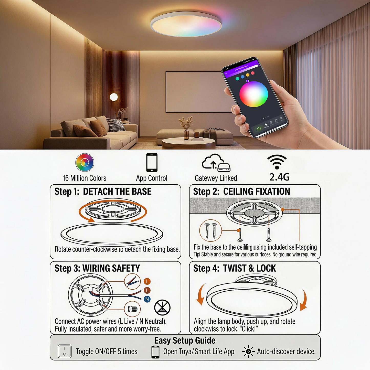 Tuaaryii Smart RGB Ceiling Light Dimmable LED Flush Mount