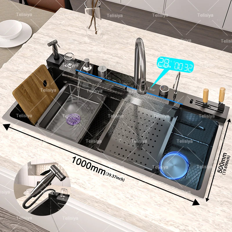 Telisiya Waterfall Kitchen Sink Stainless Steel Single Slot Digital Display