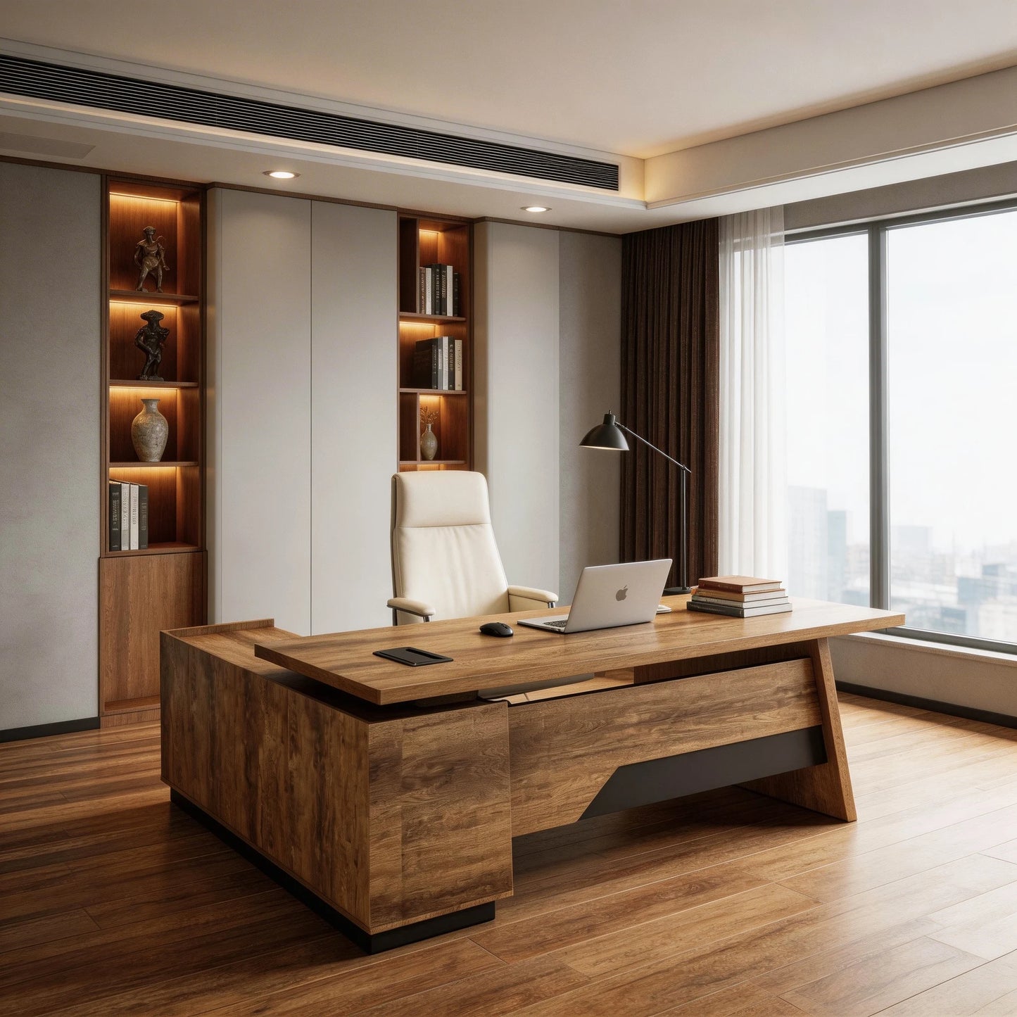 L Shaped Executive Office Desk Corner With Wireless Charging And Printer Storage