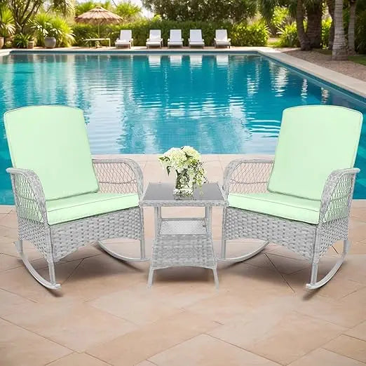 Leveleve 3 Piece Rocking Bistro Set Wicker Chairs Table