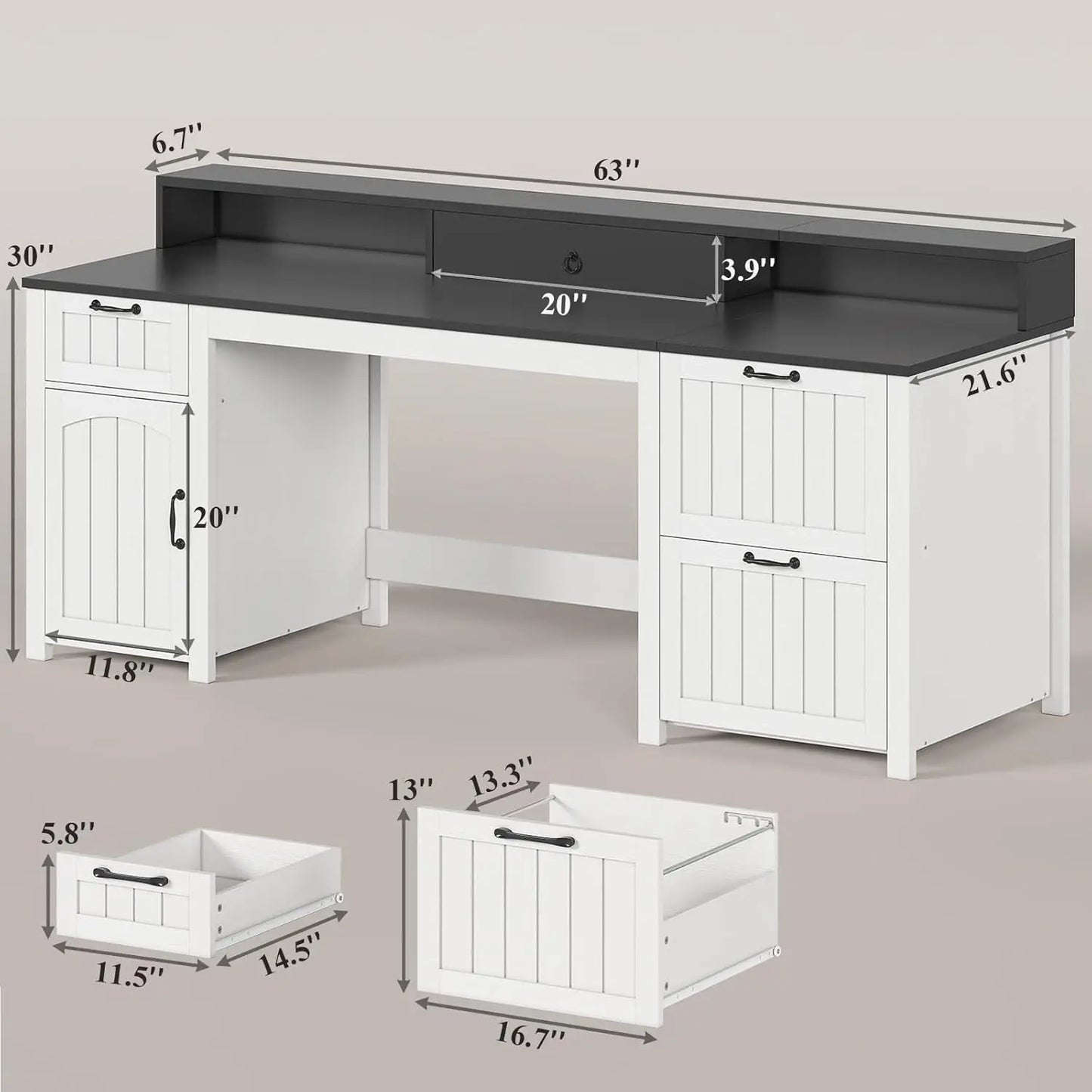 Farmhouse 63 Inch Executive Computer Desk With Drawers