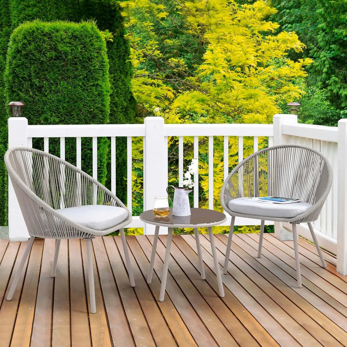 3 Piece Outdoor Bistro Set, Woven Rope Conversation Patio Set, All Weather Patio Furniture Chairs and Table with Cushions for Ga
