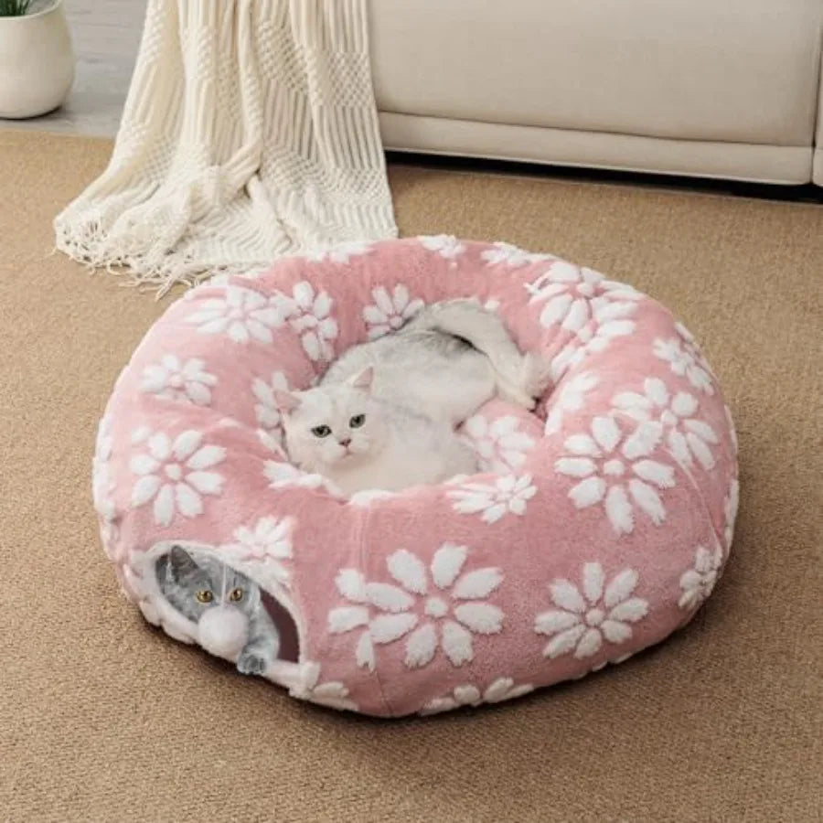 Cat Tunnel for Indoor Cats Cute Peekaboo Cat Cave with Dangling Balls Pet Donut Tunnel Bed with Circle Mat for Puppy Kitten Rab