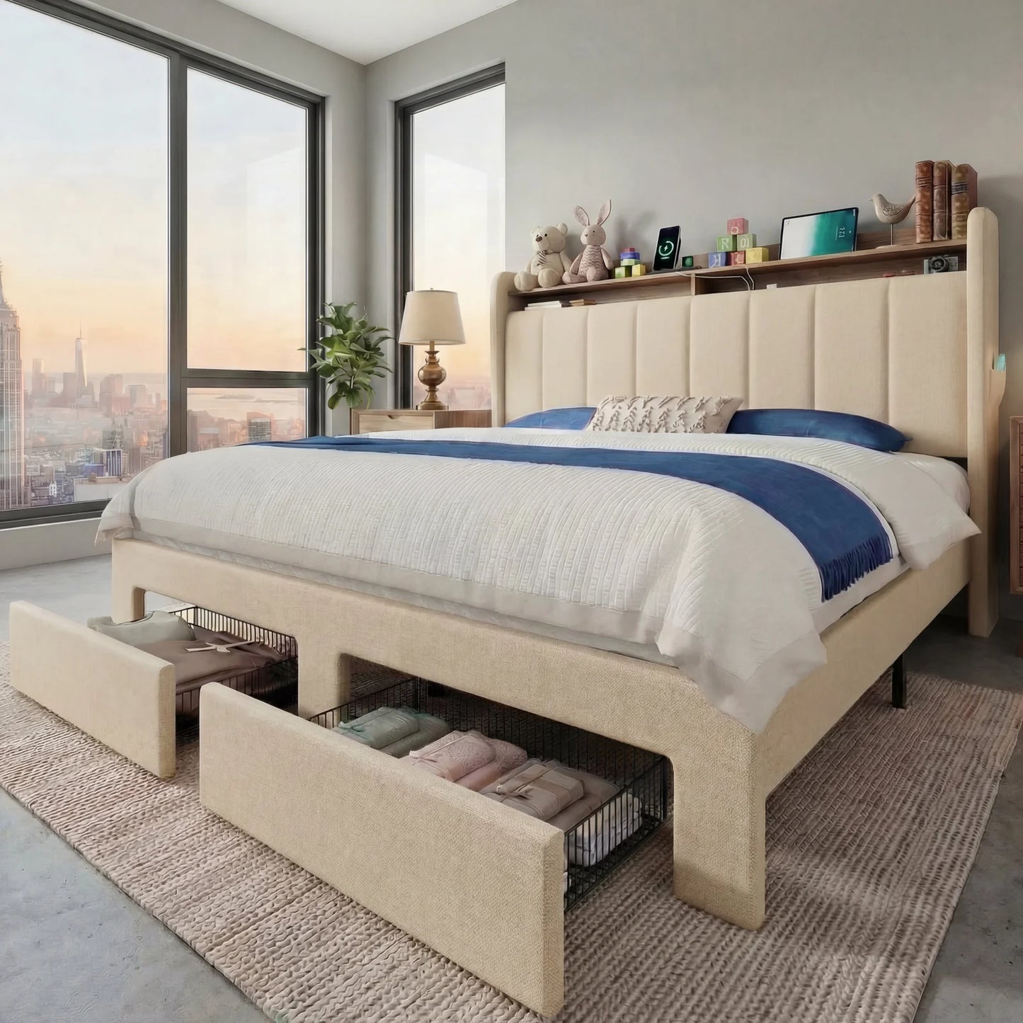 Hoomic Full Queen King Bed Frame With Storage Drawers Shelves Led Lights Charging Station