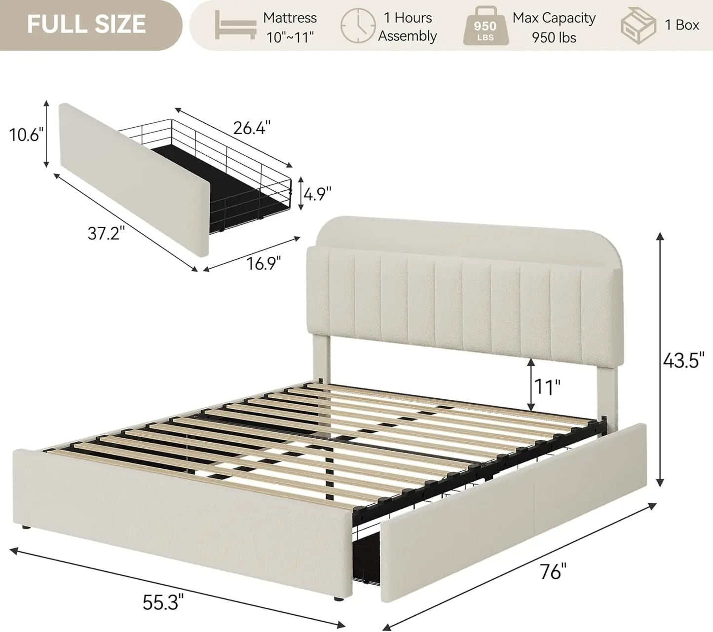 Twin Size Bed Frame with 2 Flexible Drawers, Boucle Upholstered Platform Bed Frame with Bookcase Headboard, Bedframe for Kids/Gi