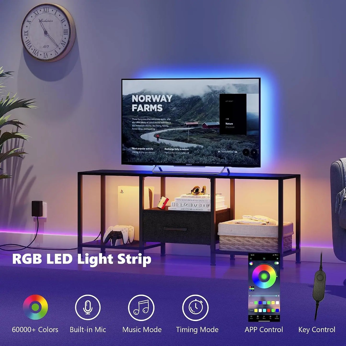 TV Stand With LED Lights And Fabric Drawer Media Console
