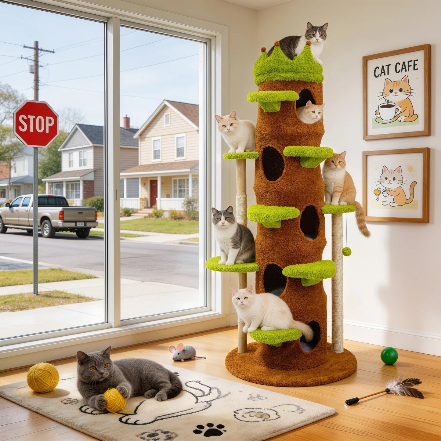 187CM Tall Indoor Cat Tree Tower Large Vibrant Green Cat Climbing Tree Activity Tower Crown-shaped Perch Plush Stairs Cat Condo