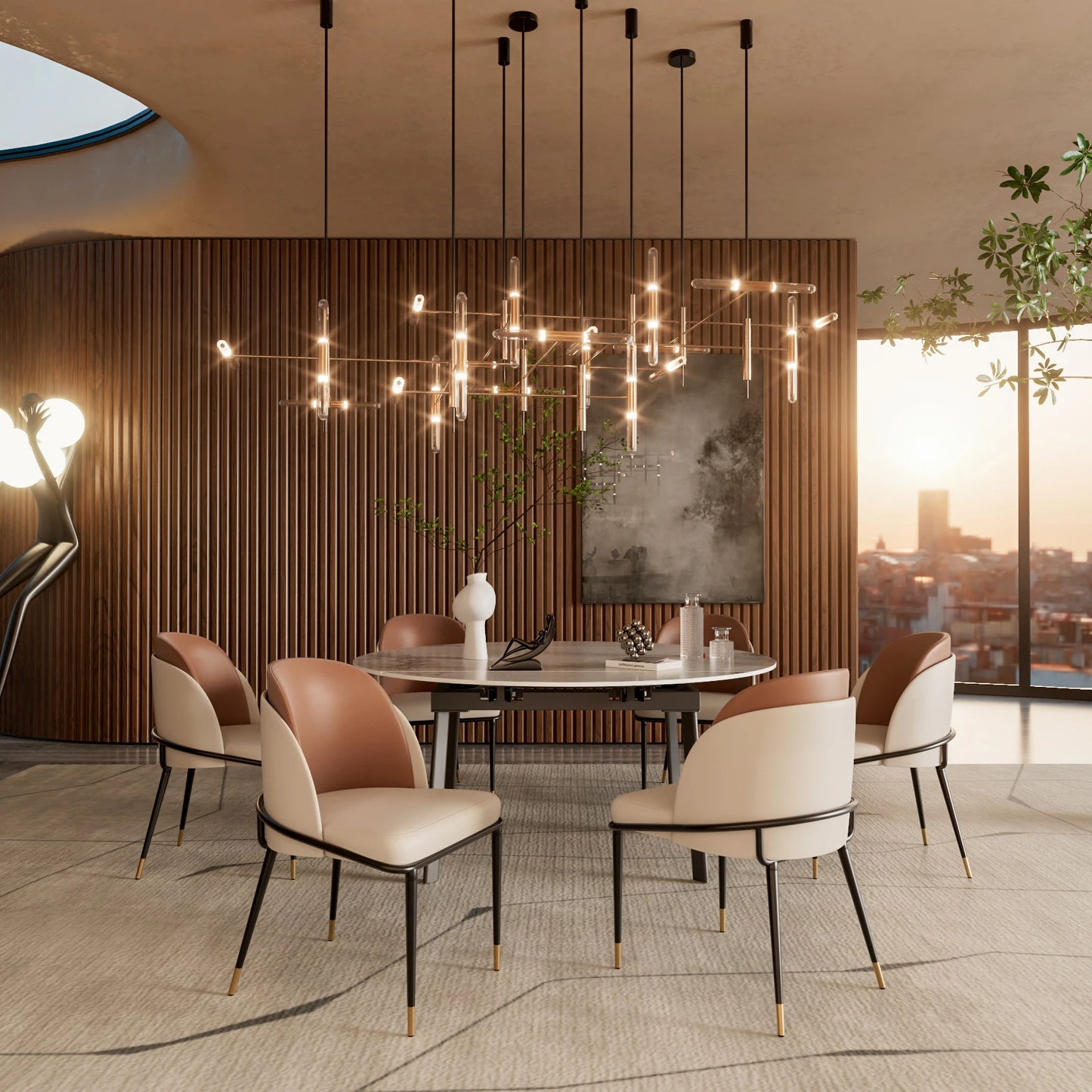 Two Faux Leather Upholstered Dining Chairs With Modern Wood Back