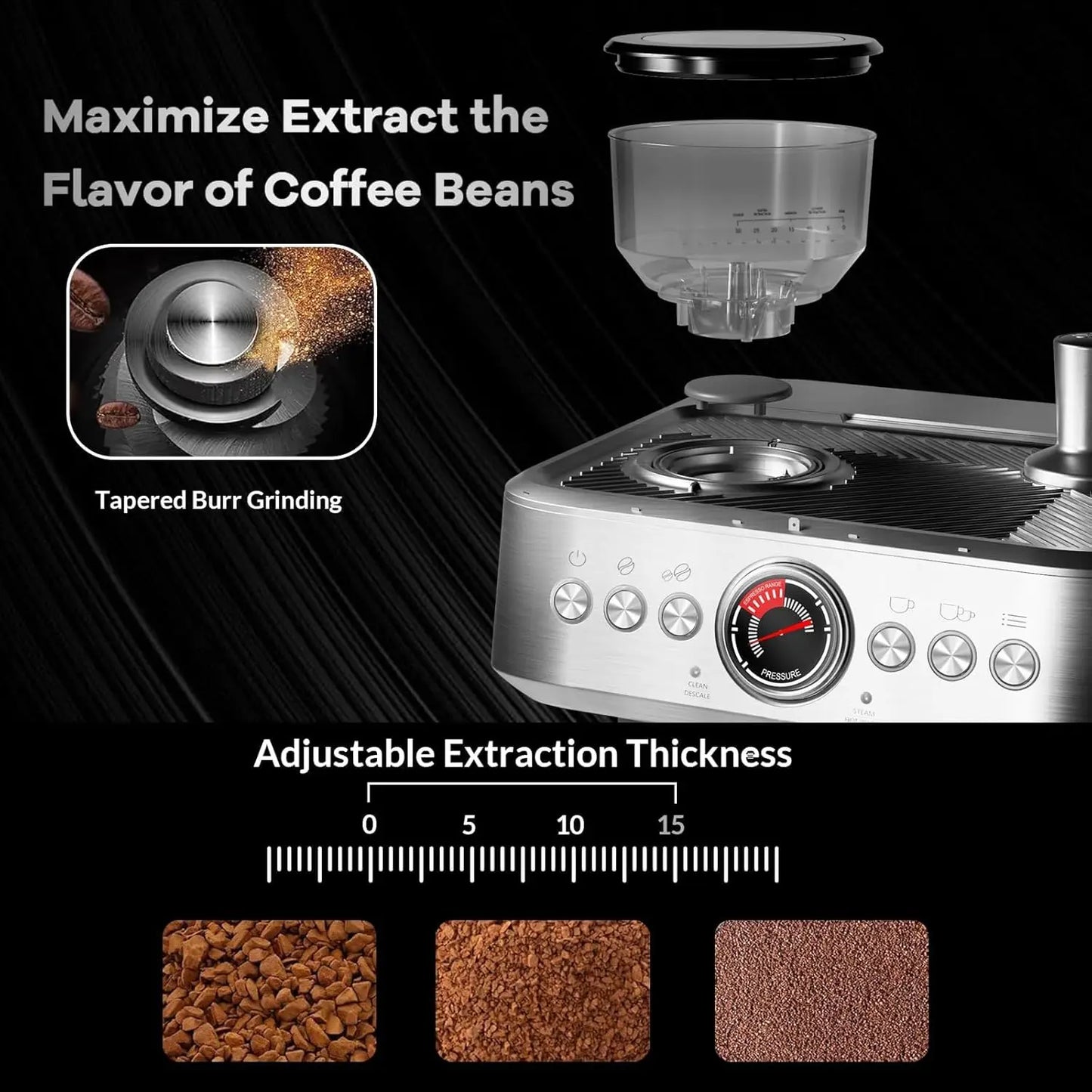 Acekool Espresso Machine With Grinder 20 Bar Semi Automatic