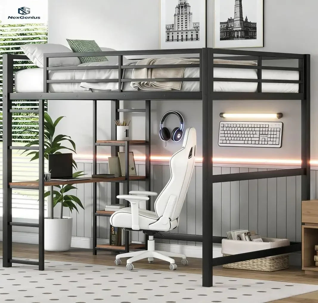 Bellemave Metal Loft Bed With Desk And Storage Shelf
