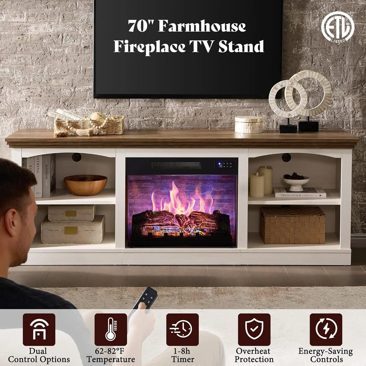 OEING Farmhouse Electric Fireplace TV Stand Entertainment Center