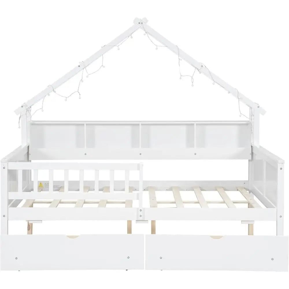 Full-Size Wooden Bed with Storage Drawers, LED Daybed, Shelves, and Safety Rails for Kids - White