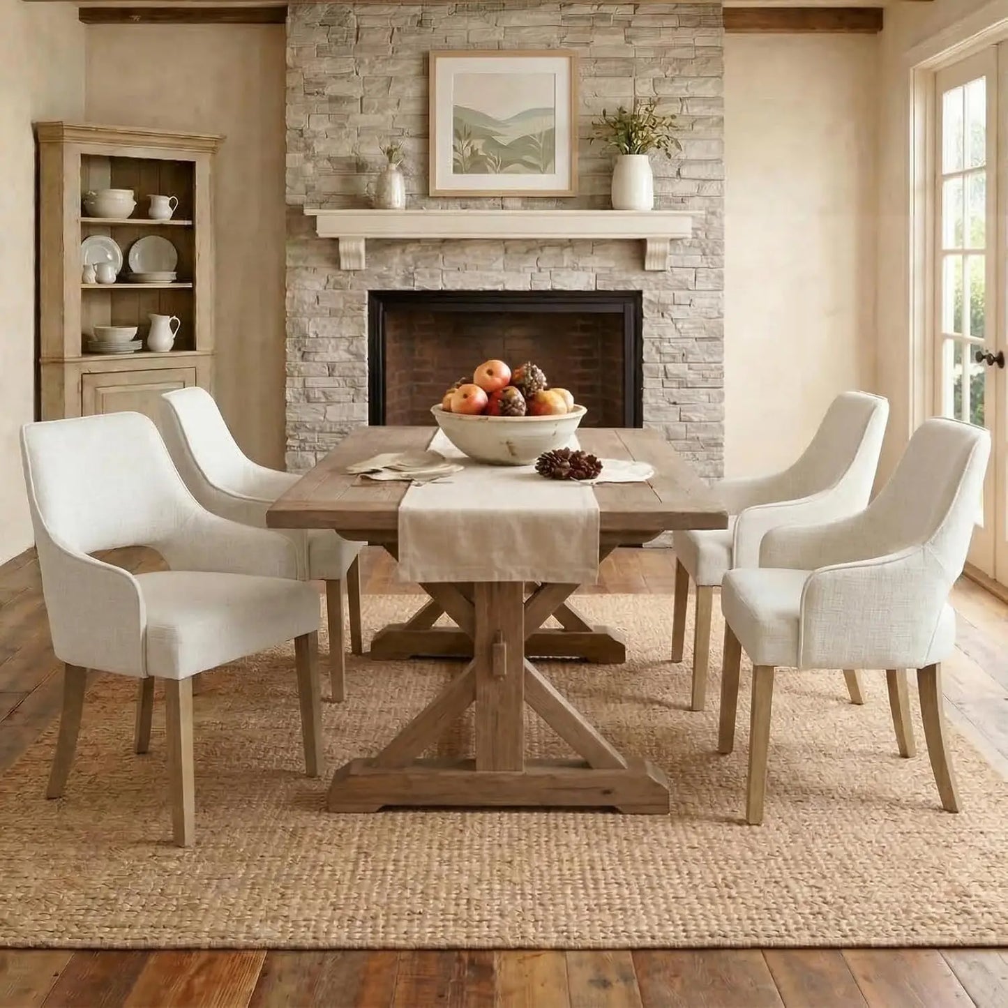 Farmhouse Linen Upholstered Dining Chairs With Arms Solid Wood Set