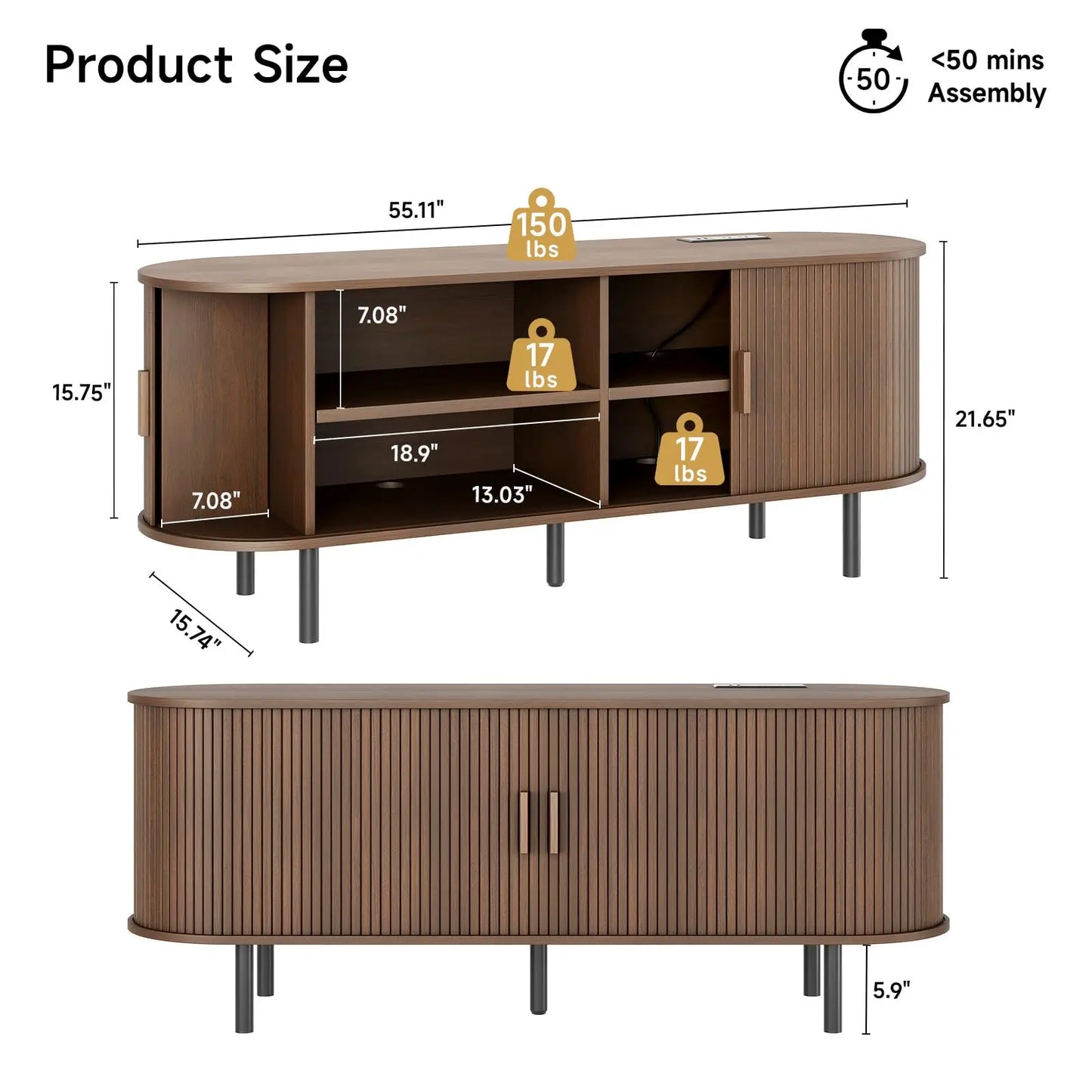 ONBRILL TV Stand with Power Outlet Sliding Doors and Shelves