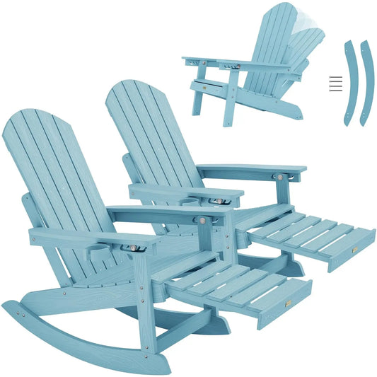 Adirondack Rocking Chairs Set With Retractable Ottoman And 5 Level Adjustment