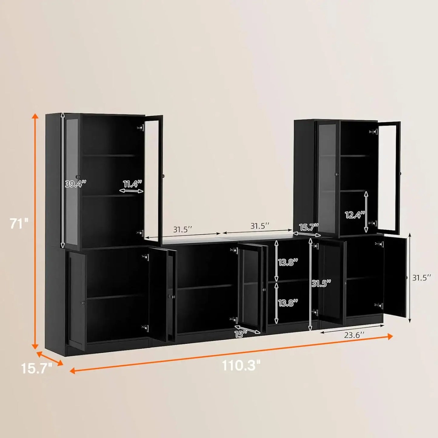 Modular TV Stand With Glass Doors And Bookcases Entertainment Center