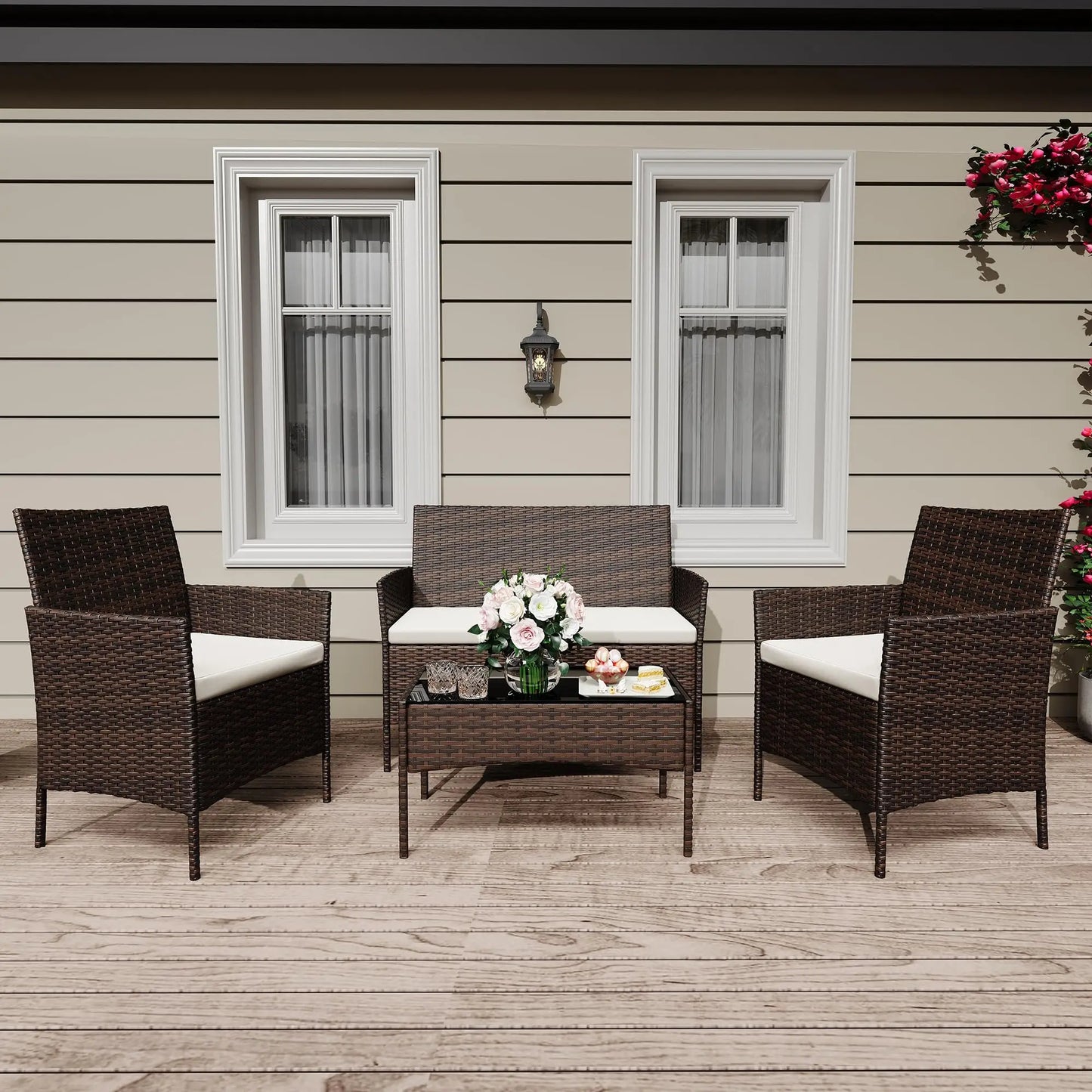 HiMISS 4 Piece Rattan Patio Bistro Furniture Set With Cushioned Sofa