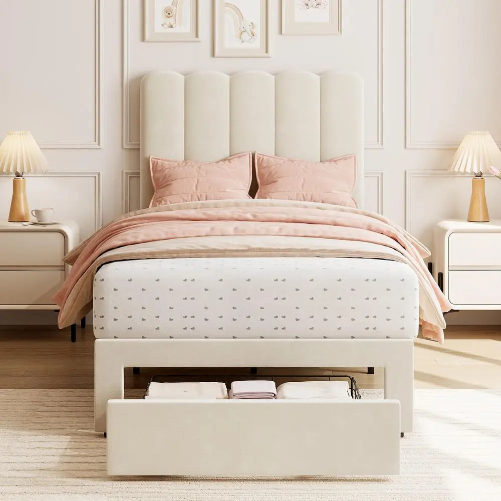 YTYIN Bed Frame With Underbed Drawers And Wave Headboard