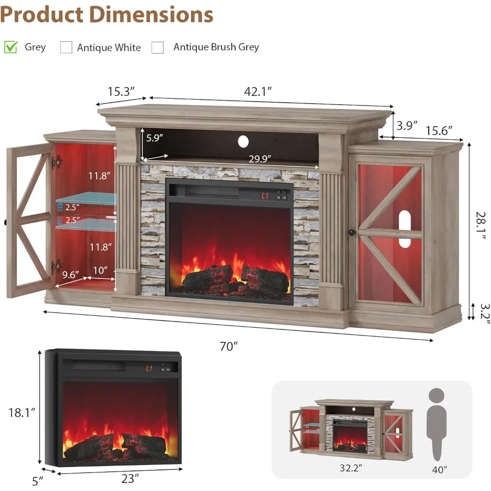 Electric Fireplace TV Stand Modern Farmhouse Entertainment Center Glass Cabinet
